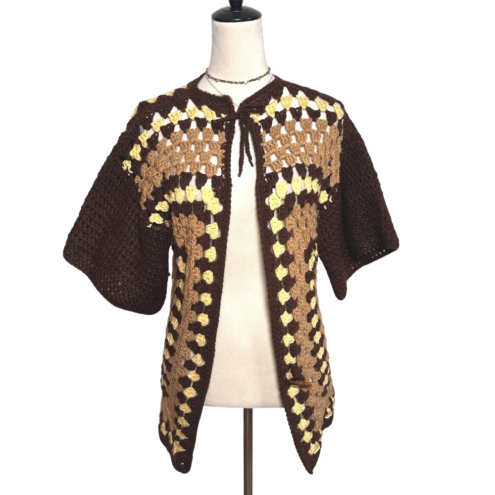 Handmade Crochet Granny Square Cardigan Brown Tan Boho Tie Front Grandma Sweater